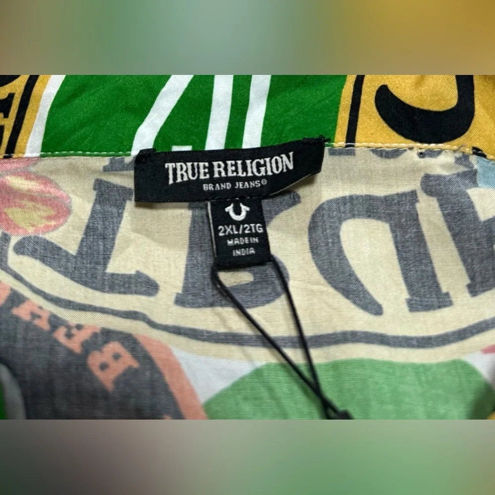 True Religion All Over‎ West Coast Logo Camp Collar Hawaiian Shirt Mens Size 2XL